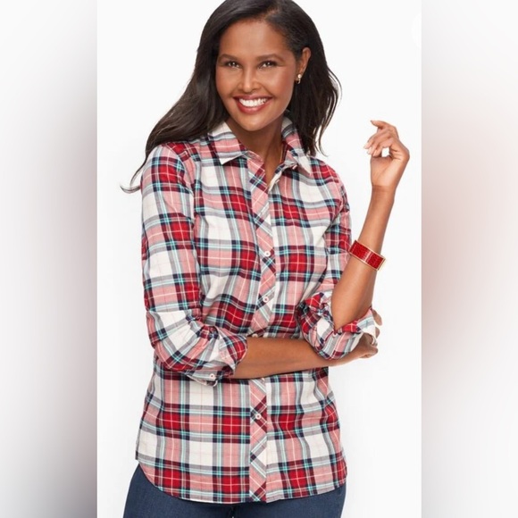 Talbots Plaid Metallic Flannel Cotton Button Down Top Size Large - Picture 1 of 12